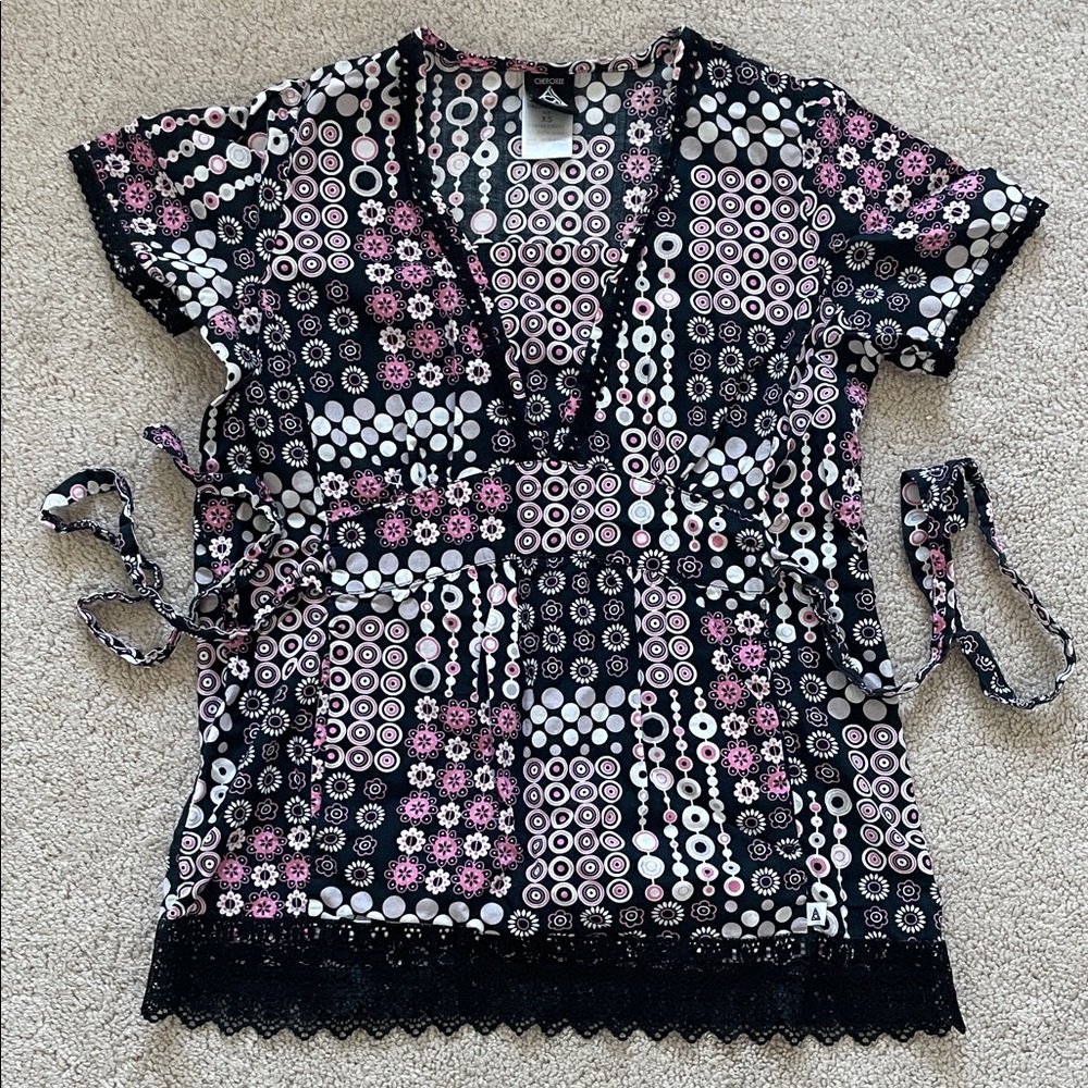 Stylish Women's Black and Pink Patterned Scrub Top